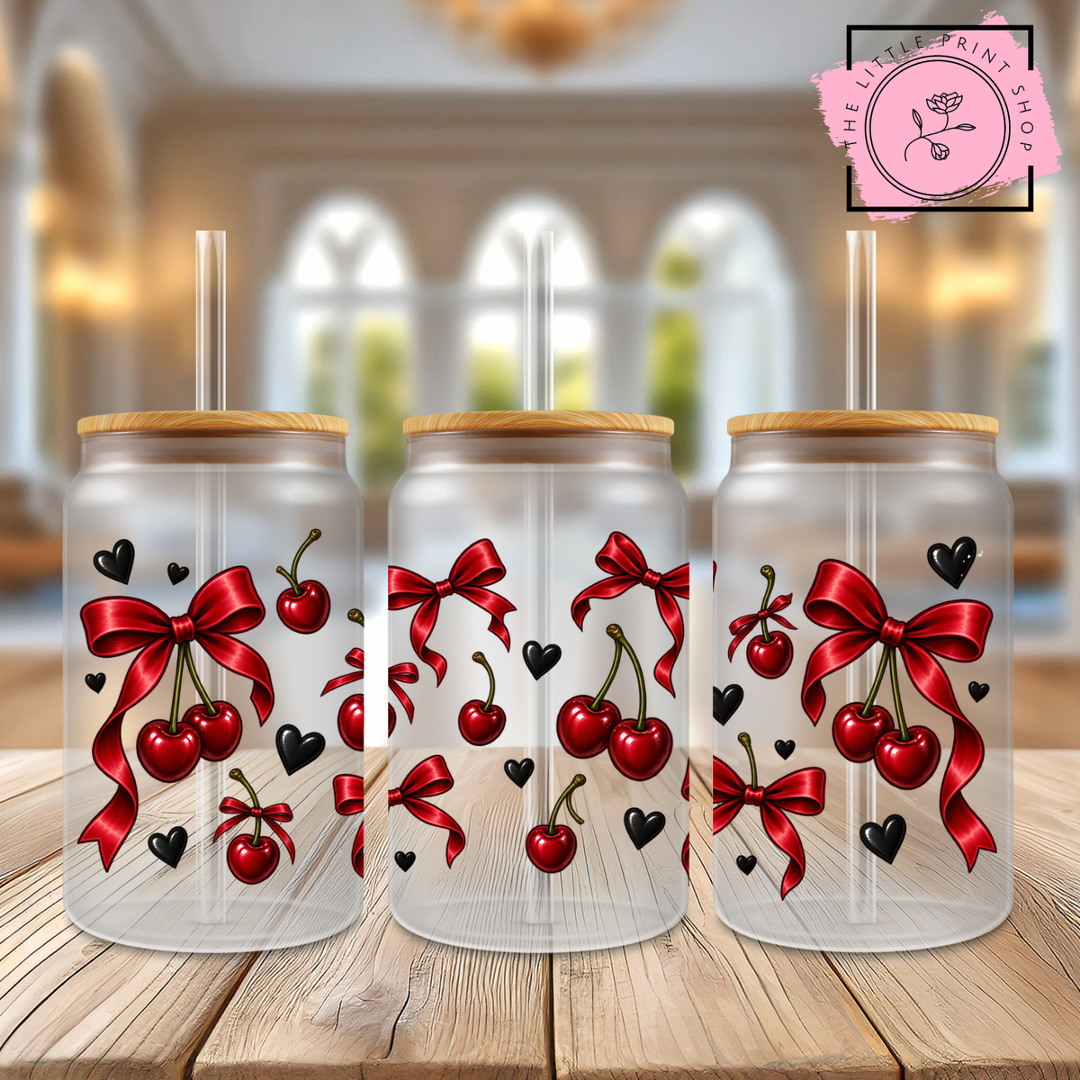 Red Bows - 16oz Libbey Glass Printed UV DTF Wrap