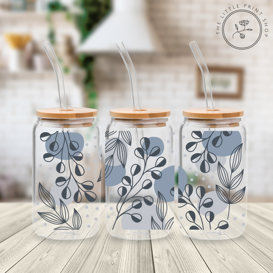 Blue Flowers - 16oz Libbey Glass Printed UV DTF Wrap