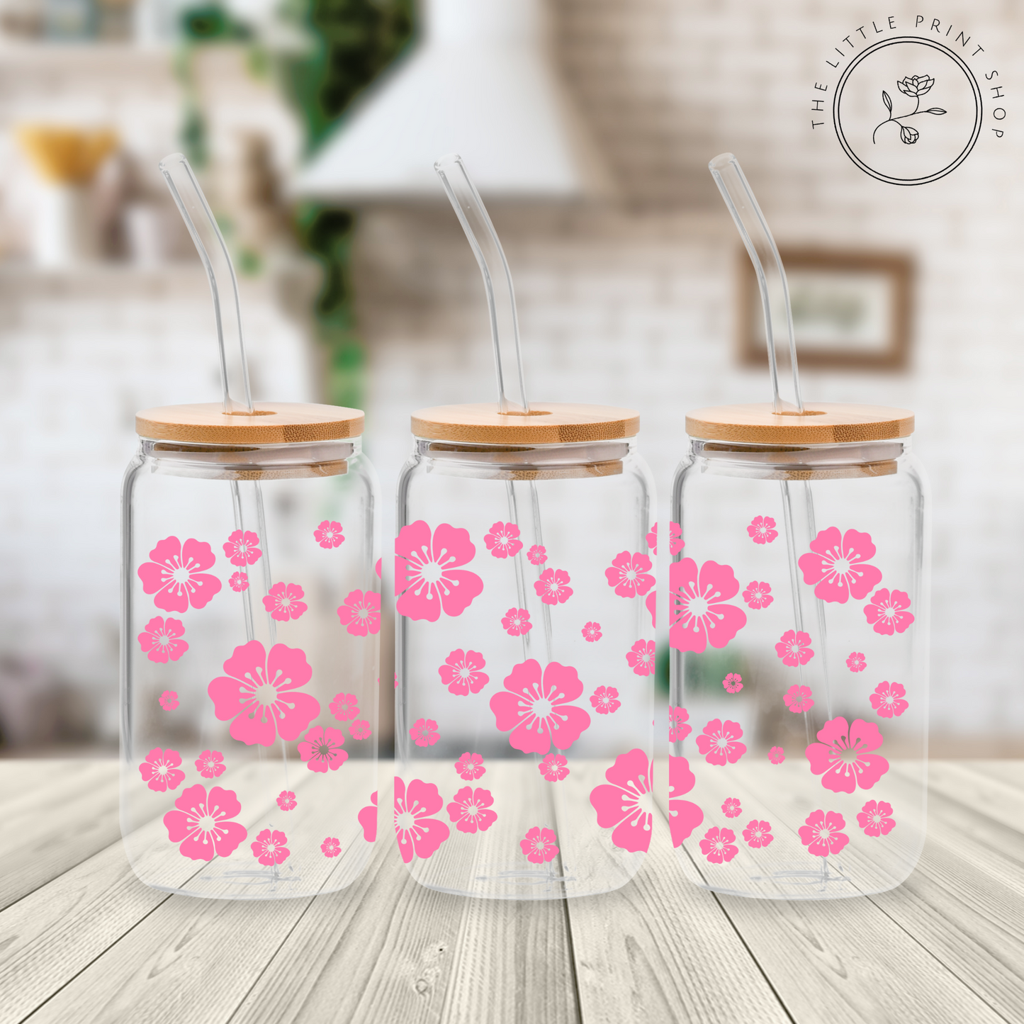 Pink Flowers - 16oz Libbey Glass Printed UV DTF Wrap