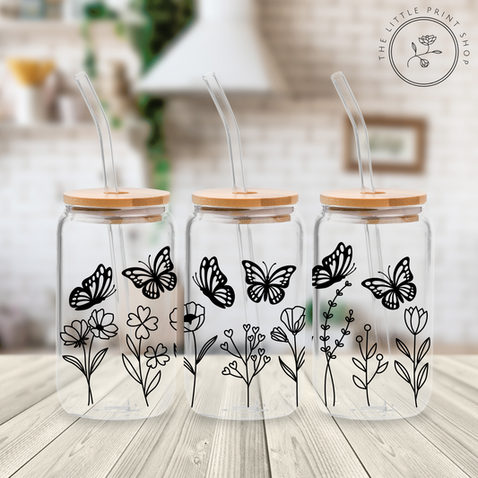 Flowers & Butterflies - 16oz Libbey Glass Printed UV DTF Wrap