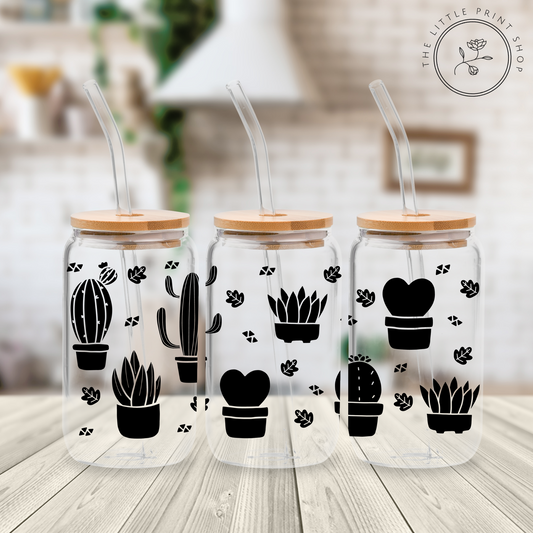 Cactus Black Outline - 16oz Libbey Glass Printed UV DTF Wrap