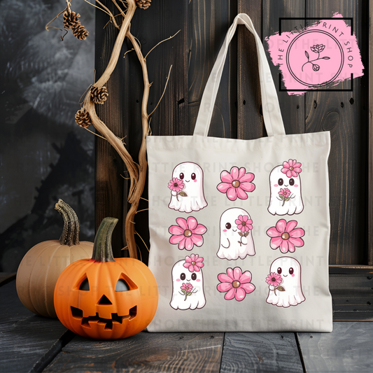Ghosts & Pink Flowers - Tote Bag DTF Transfer