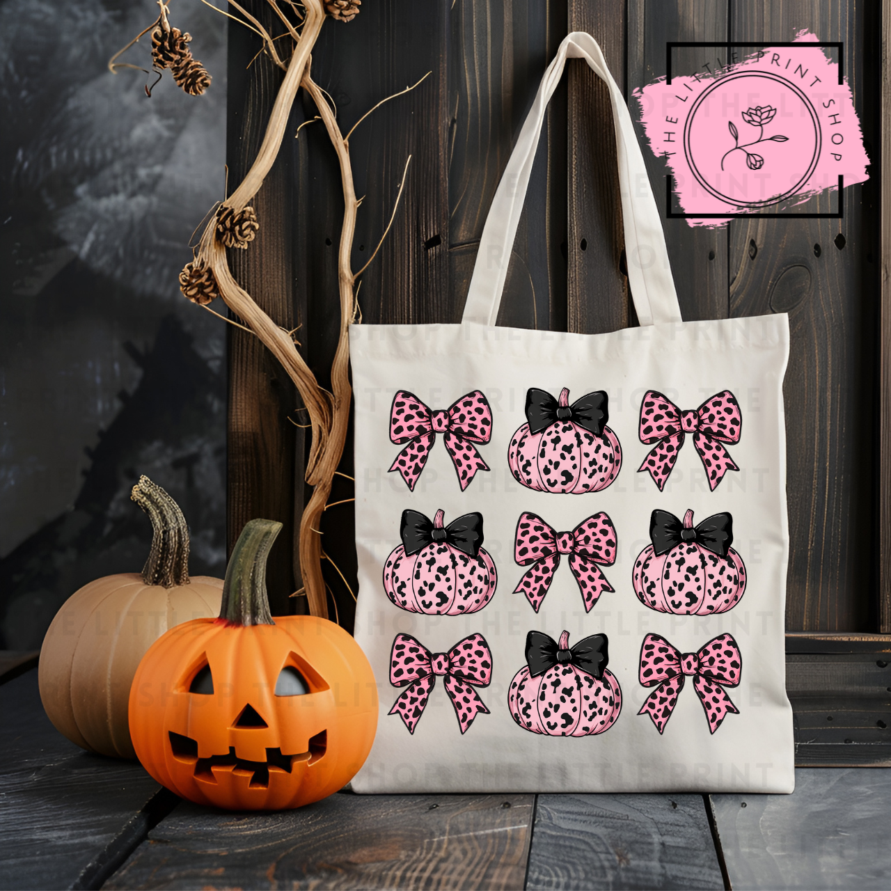 Pink Leopard Print Bows & Pumpkins - Tote Bag DTF Transfer