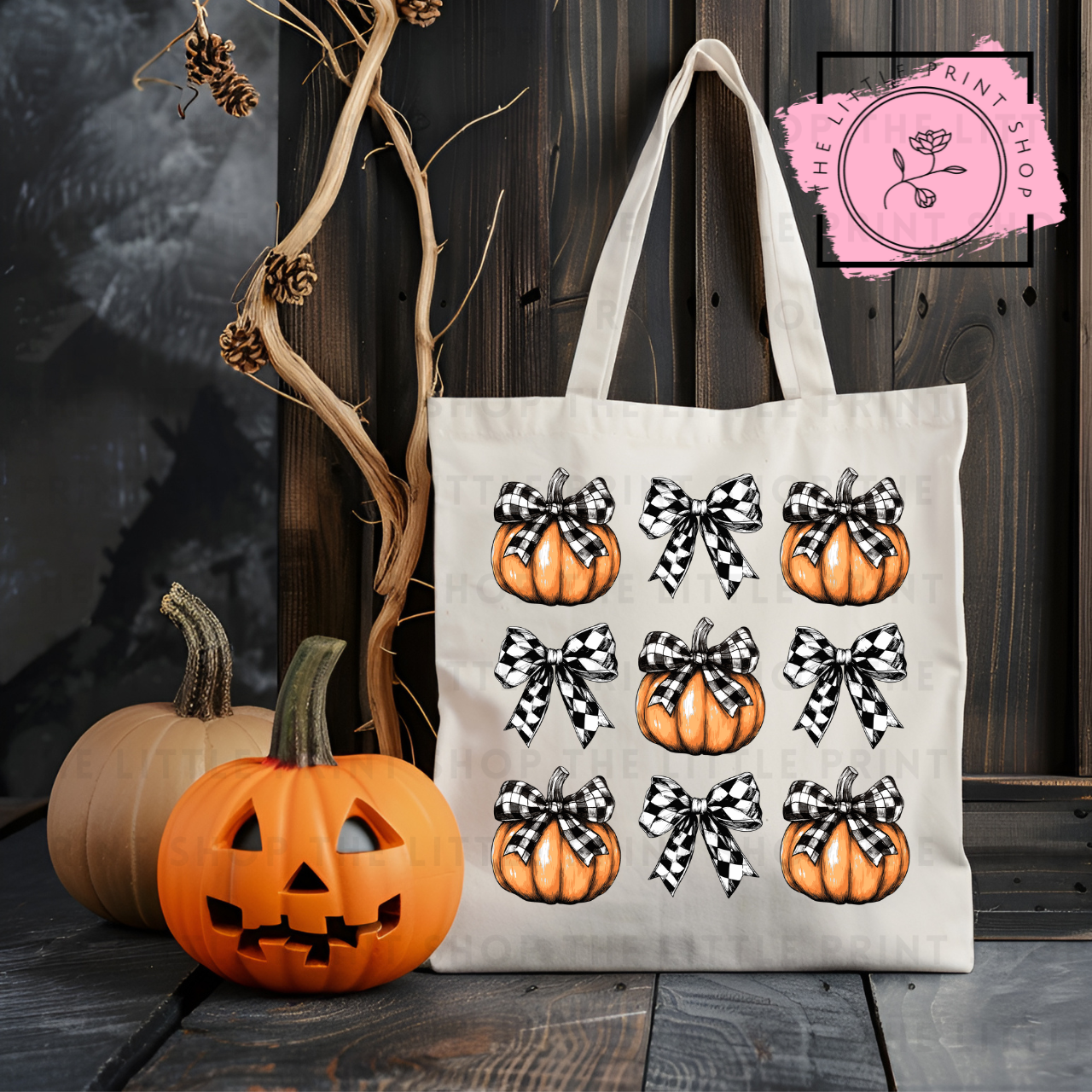 Checked Bows & Pumpkins - Tote Bag DTF Transfer