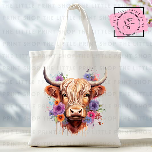 Floral Highland Cow #1 - Tote Bag DTF Transfer