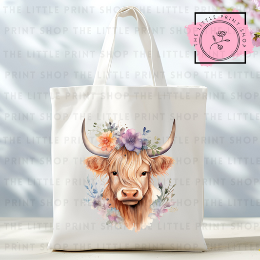 Floral Highland Cow #2 - Tote Bag DTF Transfer