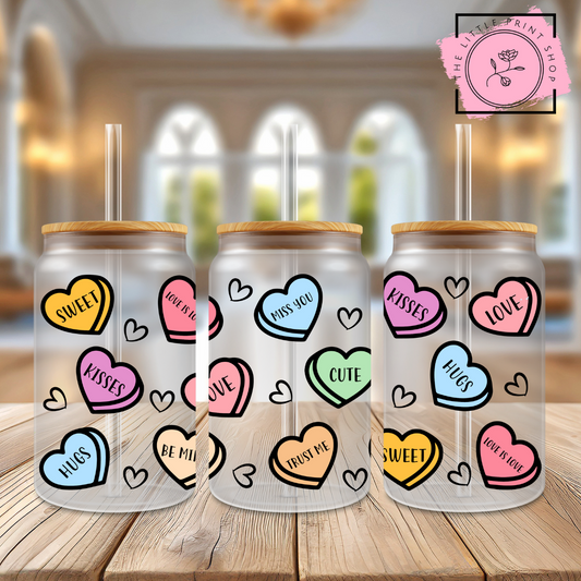 Candy Hearts - 16oz Libbey Glass Printed UV DTF Wrap