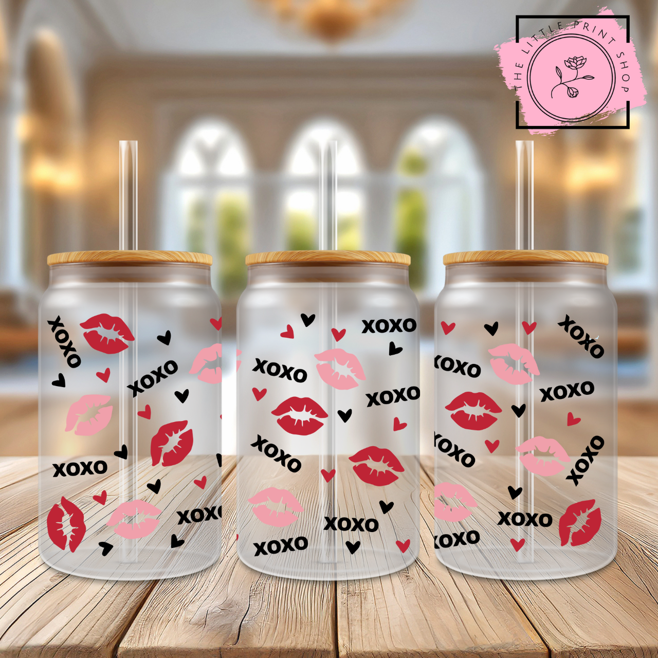 XOXO Kisses - 16oz Libbey Glass Printed UV DTF Wrap