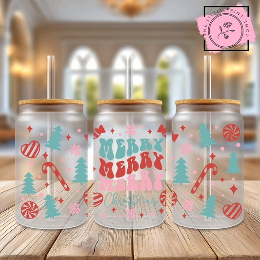 Merry Merry Merry Christmas - 16oz Libbey Glass Printed UV DTF Wrap