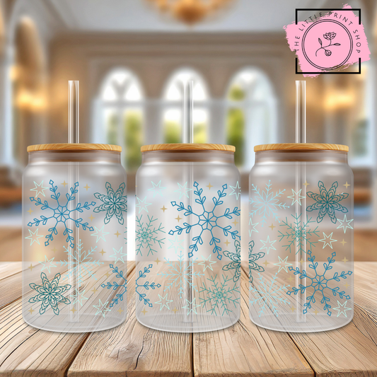 Blue Snowflakes - 16oz Libbey Glass Printed UV DTF Wrap