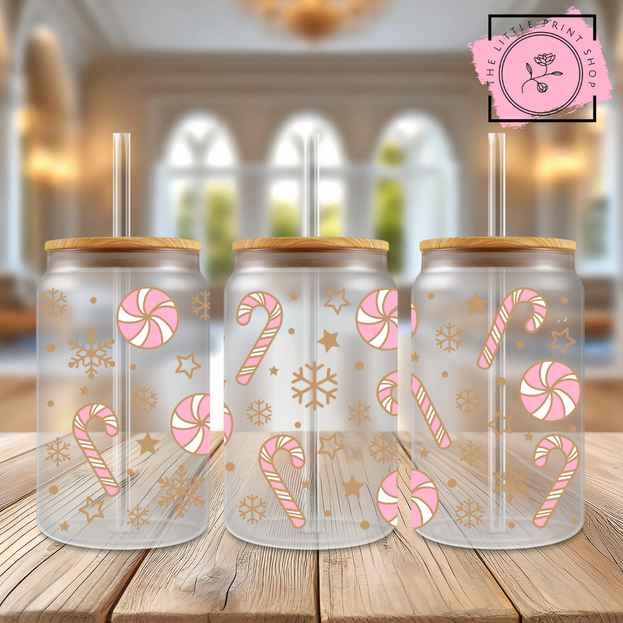 Pink Christmas - 16oz Libbey Glass Printed UV DTF Wrap