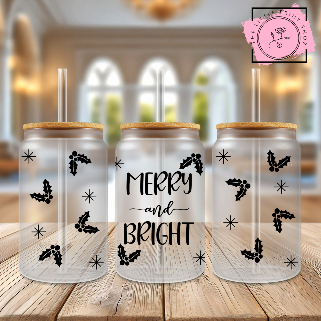 Merry & Bright Outline - 16oz Libbey Glass Printed UV DTF Wrap