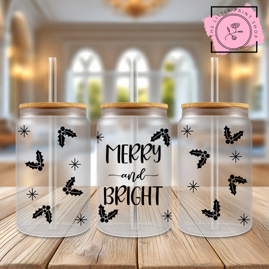 Merry & Bright Outline - 16oz Libbey Glass Printed UV DTF Wrap