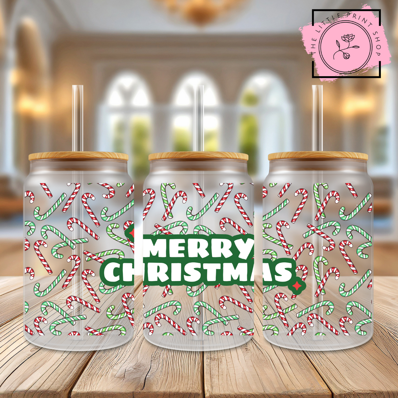 Merry Christmas Candy Canes - 16oz Libbey Glass Printed UV DTF Wrap