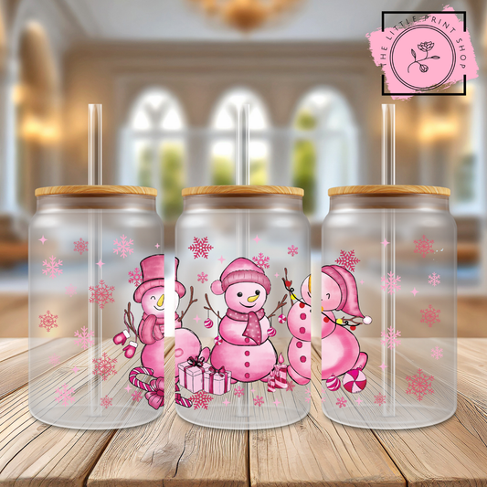 Pink Snowman - 16oz Libbey Glass Printed UV DTF Wrap