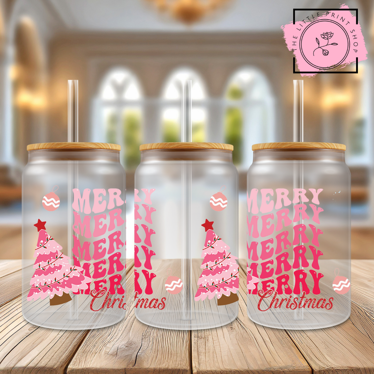 Merry Merry Christmas Pink - 16oz Libbey Glass Printed UV DTF Wrap