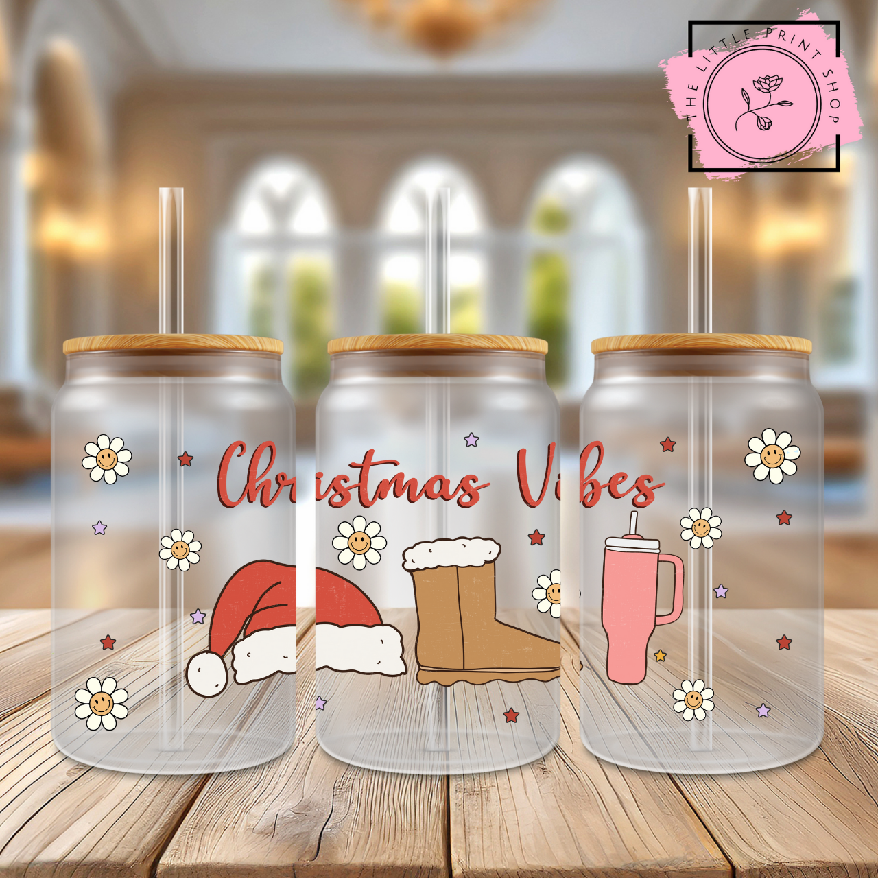 Christmas Vibes - 16oz Libbey Glass Printed UV DTF Wrap