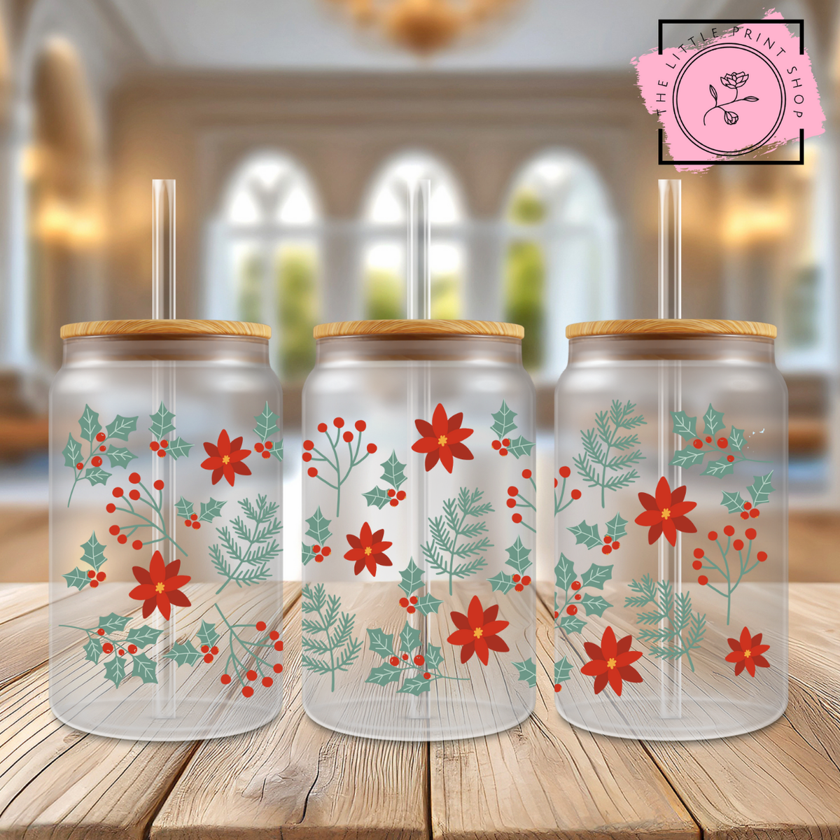 Christmas Leaves - 16oz Libbey Glass Printed UV DTF Wrap