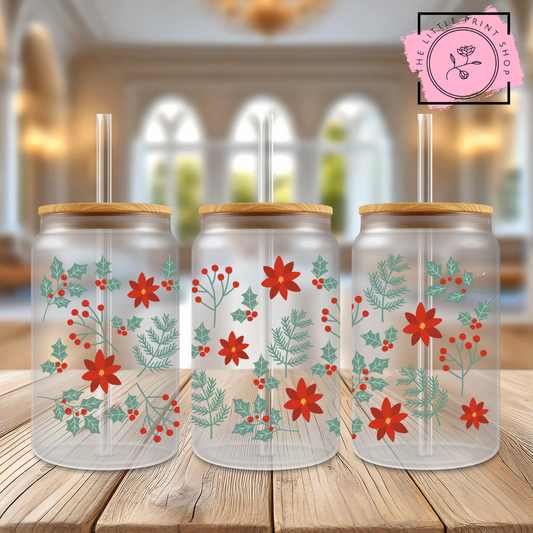 Christmas Leaves - 16oz Libbey Glass Printed UV DTF Wrap