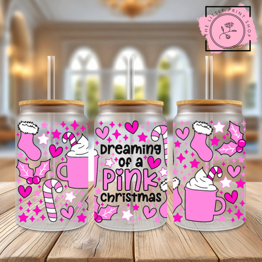 Dreaming Pink Christmas - 16oz Libbey Glass Printed UV DTF Wrap