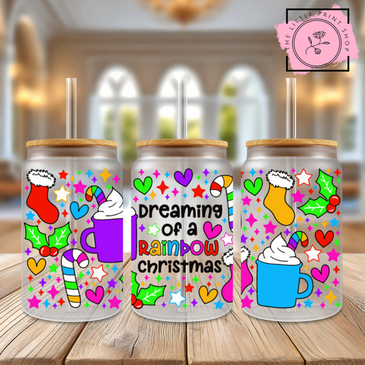 Dreaming Rainbow Christmas - 16oz Libbey Glass Printed UV DTF Wrap