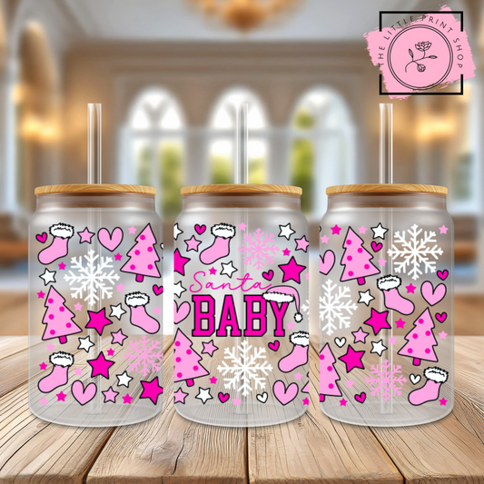 Pink Santa Baby - 16oz Libbey Glass Printed UV DTF Wrap