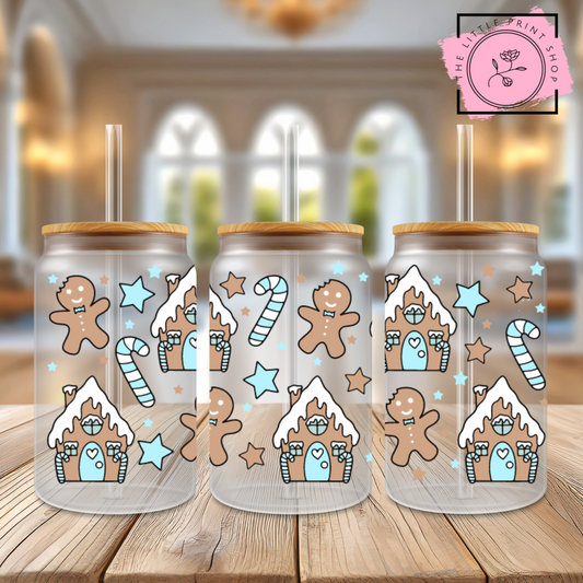 Blue Houses - 16oz Libbey Glass Printed UV DTF Wrap