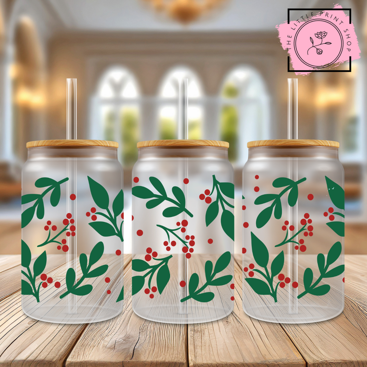 Christmas Holly - 16oz Libbey Glass Printed UV DTF Wrap