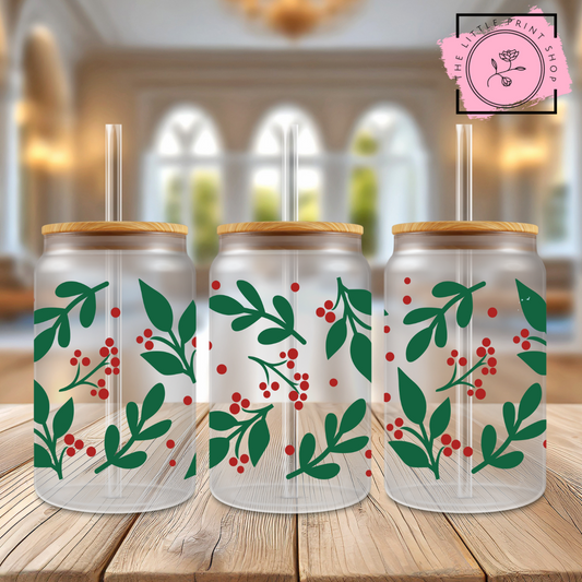 Christmas Holly - 16oz Libbey Glass Printed UV DTF Wrap
