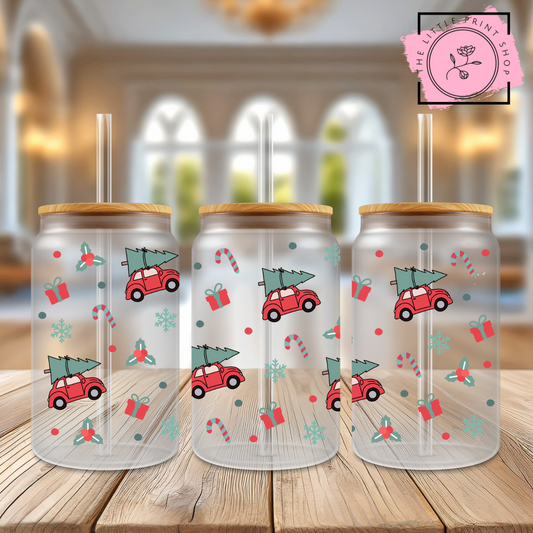 Christmas Tree Car - 16oz Libbey Glass Printed UV DTF Wrap