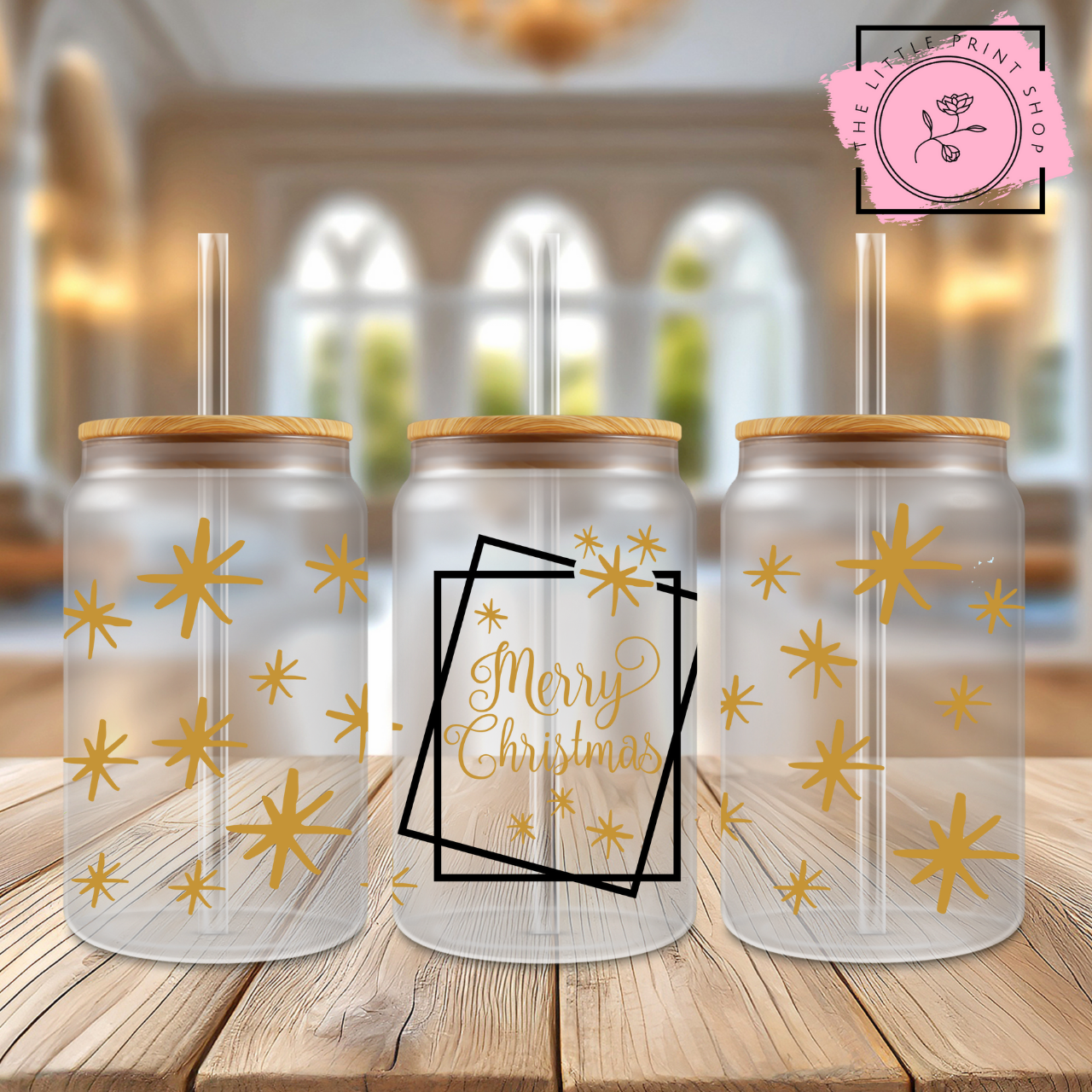 Gold Christmas  - 16oz Libbey Glass Printed UV DTF Wrap
