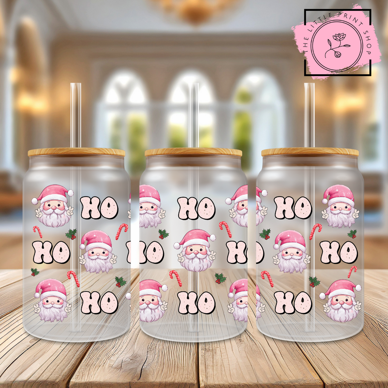 Pink Ho Ho Ho - 16oz Libbey Glass Printed UV DTF Wrap