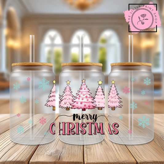 Pink Merry Christmas - 16oz Libbey Glass Printed UV DTF Wrap