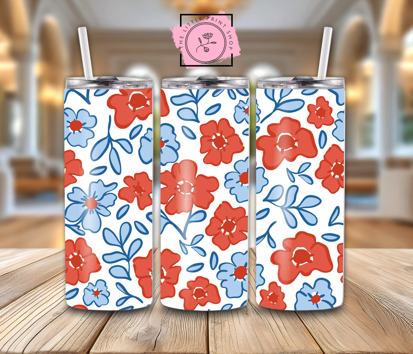 Blue & Red Flowers - 20oz Sublimation Wrap